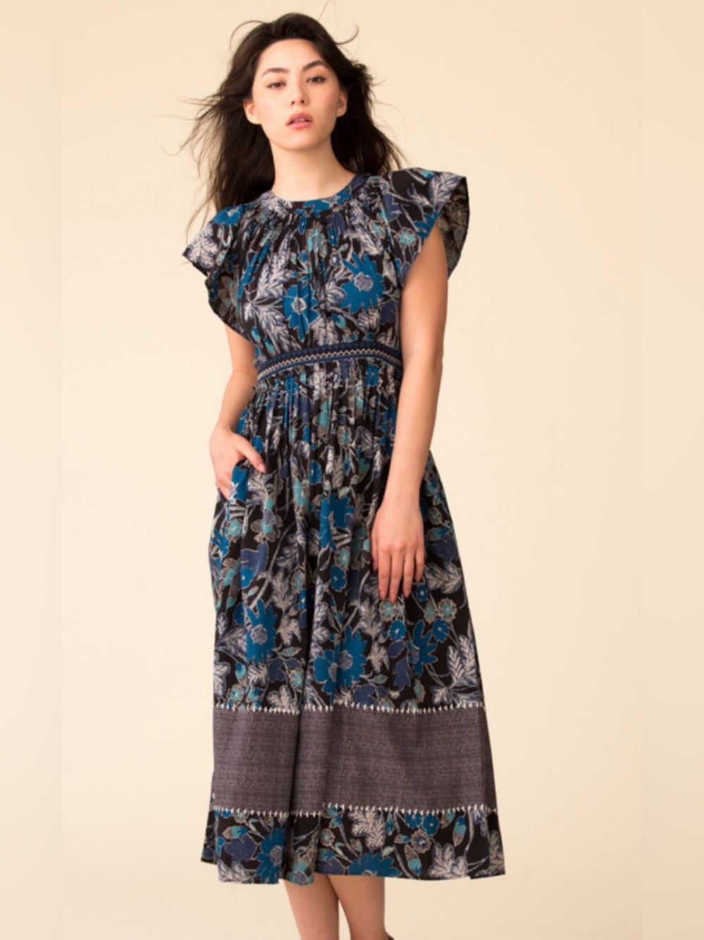 Ulla Johnson Teal & Navy Floral Flutter-Sleeve Maxi Dress